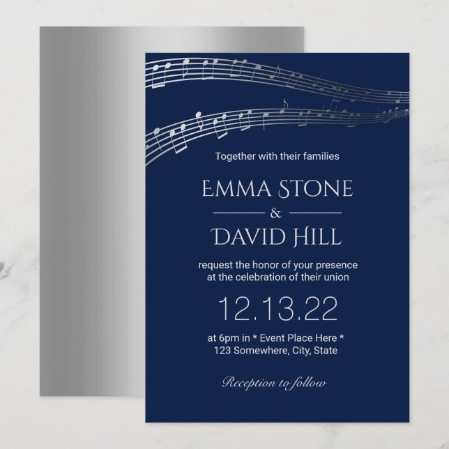 Music Wedding Party Elegant Navy & Silver Invitation (Front/Back)