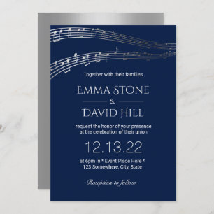 Music Wedding Party Elegant Navy & Silver Invitation