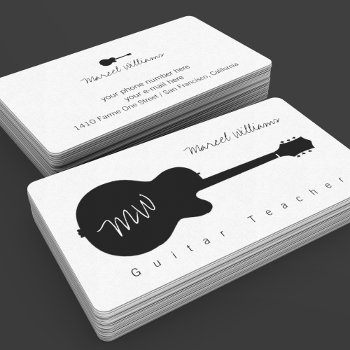 Music White Business Card With A Blk. Guitar by mixedworld at Zazzle
