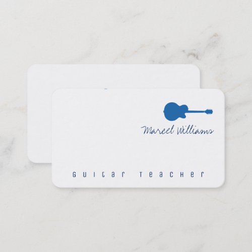 music white business card with a blue guitar