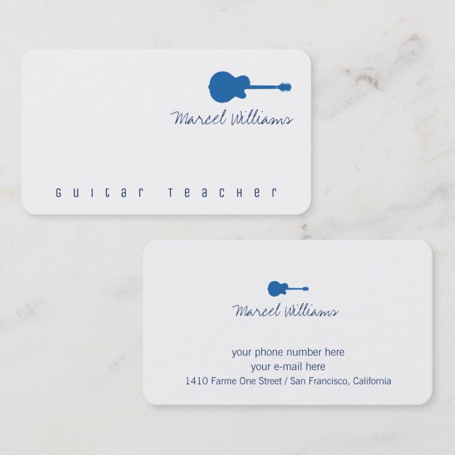 music white business card with a blue guitar (Front/Back)