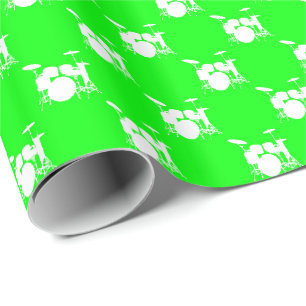 Music White Drum Set on Lime Green Wrapping Paper