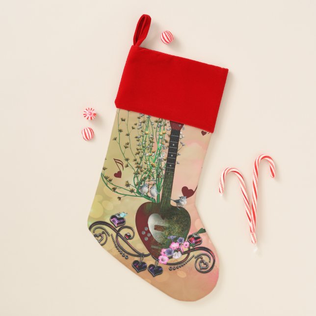 Music, wonderful heart guitar with flowers, birds christmas stocking (Front)