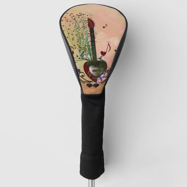 Music, wonderful heart guitar with flowers, birds golf head cover (Front)