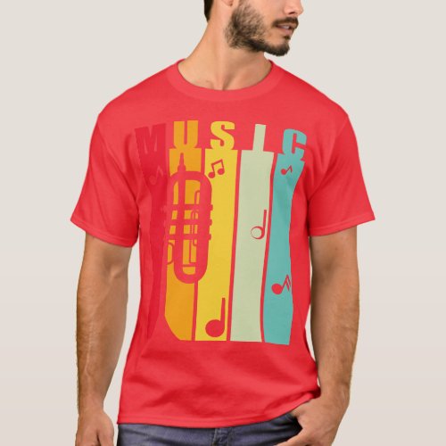 Music word and trumpet over stripes T_Shirt