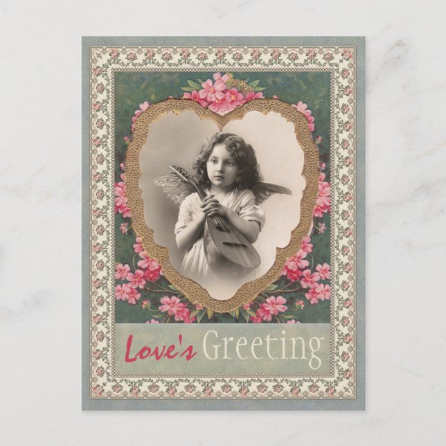 Musical angel in a gold heart CC0787 Valentine Holiday Postcard (Front)