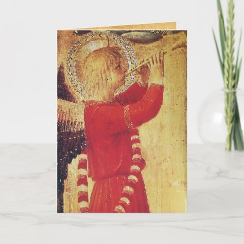 MUSICAL ANGEL IN RED AND GOLD HOLIDAY CARD