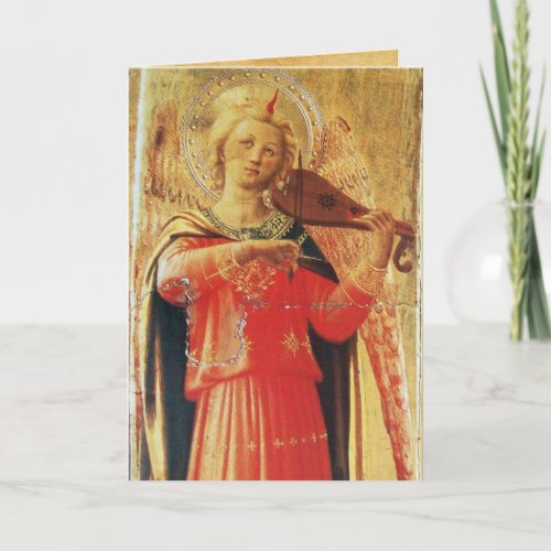 MUSICAL ANGEL IN RED AND GOLD HOLIDAY CARD