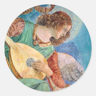 Musical angel playing guitar classic round sticker
