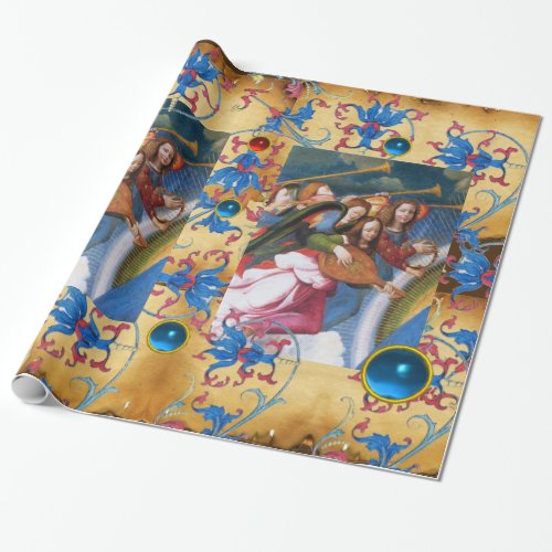 MUSICAL ANGELS PARCHMENTRED BLUE FLOWERSGEMS WRAPPING PAPER