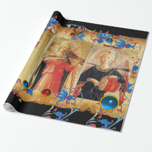 MUSICAL ANGELS PARCHMENT,RED BLUE FLOWERS,GEMS WRAPPING PAPER