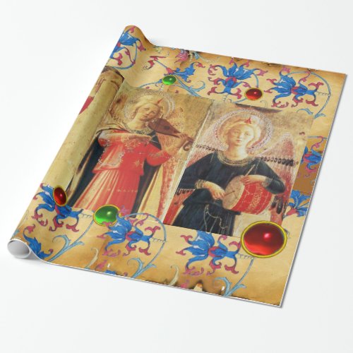 MUSICAL ANGELS PARCHMENTRED BLUE FLOWERSGEMS WRAPPING PAPER