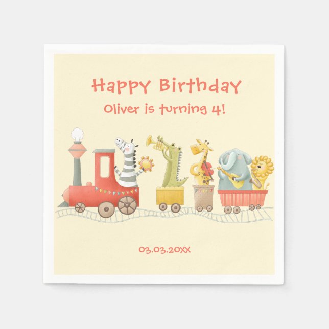 Musical Animal Train Birthday Napkins (Front)