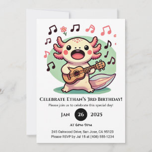 Musical Axolotl with Ukulele Birthday Invitation