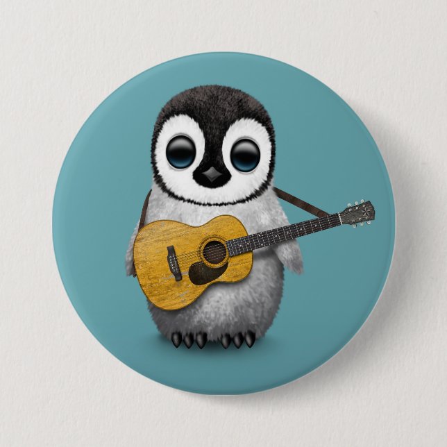 Musical Baby Penguin Playing Guitar Blue Pinback Button (Front)