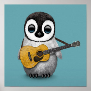 Musical Baby Penguin Playing Guitar Blue Poster