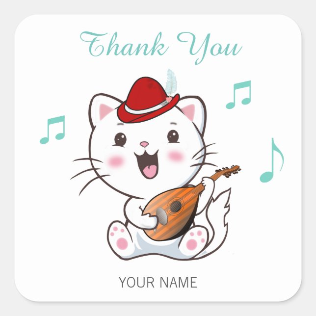 Musical Bard Cat with Mandolin Thank You Square St Sticker (Front)