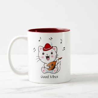 Musical Bard Kitty Cat with Mandolin Two-Tone Coff