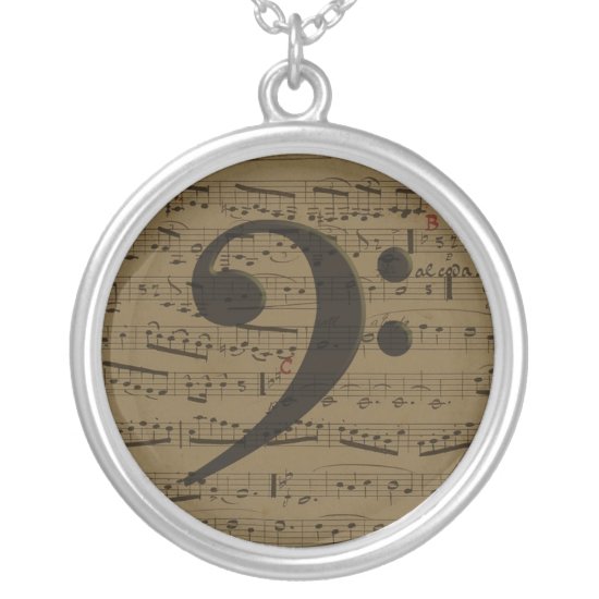 Musical Bass Clef sheet music Silver Plated Necklace