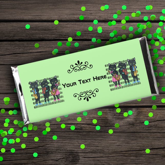 Musical Black Cats Playing Instruments Music Notes Hershey Bar Favors (Musical black cats on sheet music playing instruments on light green hershey bar wrapper favors.)