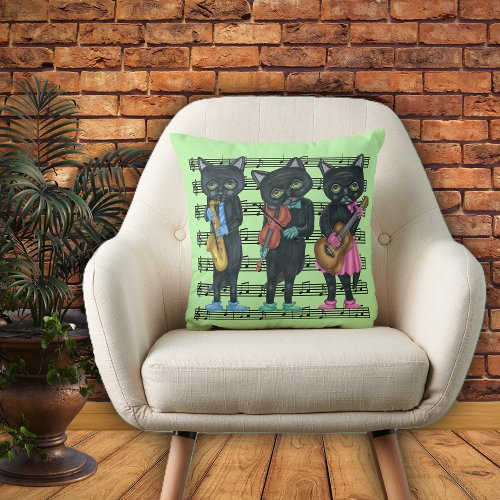Musical Black Cats Playing Instruments Sheet Music Throw Pillow