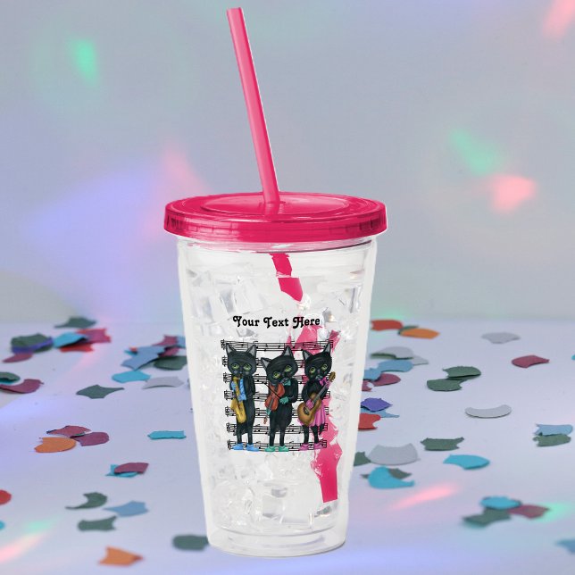 Musical Black Cats Sheet Music Playing Instruments Acrylic Tumbler (Musical black cats playing music standing on sheet music on acrylic drink tumbler with lid.)