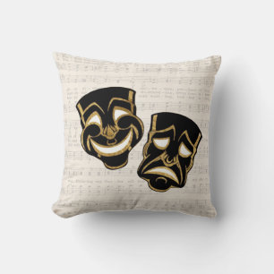 Musical Black & Gold Comedy and Tragedy Throw Pillow