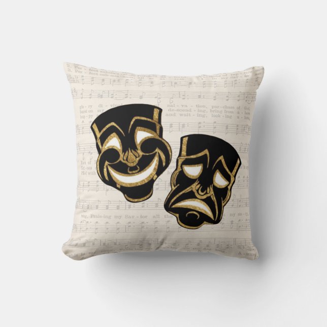 Musical Black & Gold Comedy and Tragedy Throw Pillow (Front)