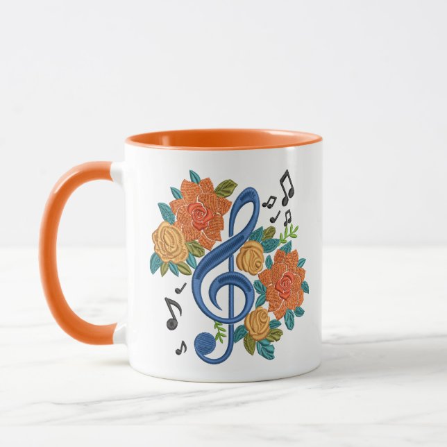 Musical Blue Clef Music Note Floral Design Orange Mug (Left)