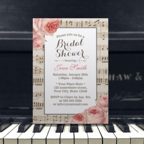 Musical Bridal Shower Vintage Pink Floral Elegant Invitation