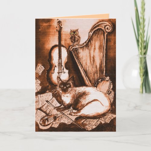 MUSICAL CAT AND OWL Brown and White Holiday Card