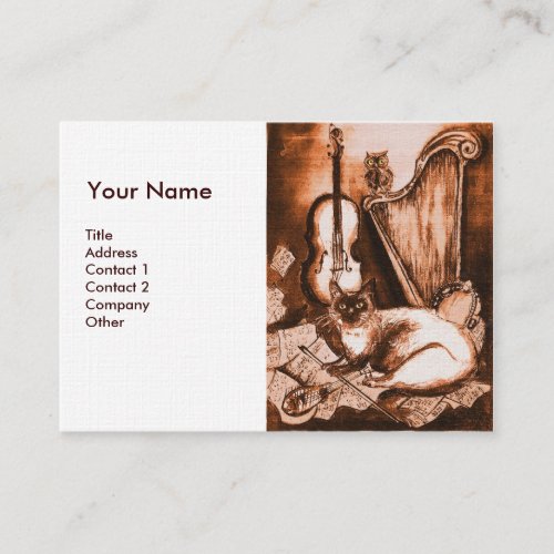 MUSICAL CAT AND OWL Brown and White Linen Business Card