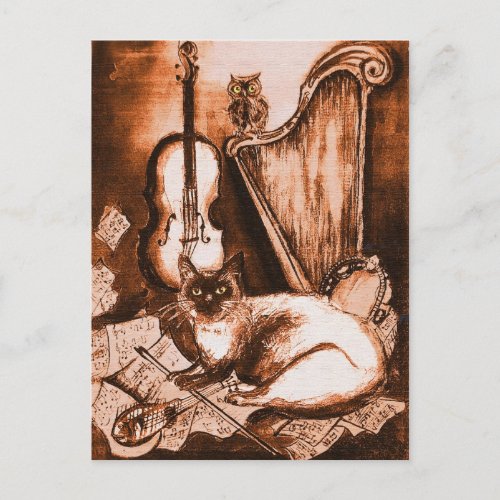 MUSICAL CAT AND OWL Brown and White Postcard