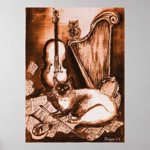 MUSICAL CAT AND OWL  Brown and White Poster