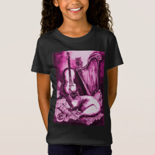 MUSICAL CAT AND OWL Pink Fuchsia Purple White T-Shirt