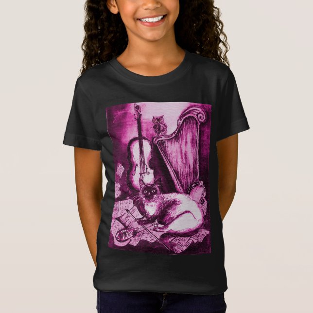 MUSICAL CAT AND OWL  Pink Fuchsia Purple White T-Shirt (Front)