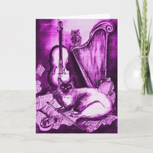 MUSICAL CAT AND OWL Purple Violet and White Holiday Card