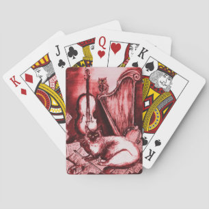 MUSICAL CAT AND OWL ,Red Pink and White Music Poker Cards