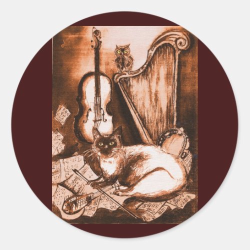 MUSICAL CAT Brown and White Classic Round Sticker