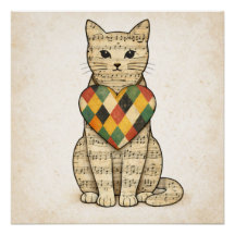 Musical Cat Collage with Harlequin Heart