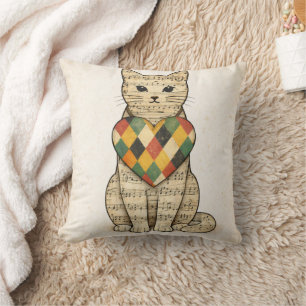 Musical Cat Collage with Harlequin Heart Throw Pillow