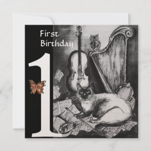 MUSICAL CAT First Birthday Party Black Champagne Invitation