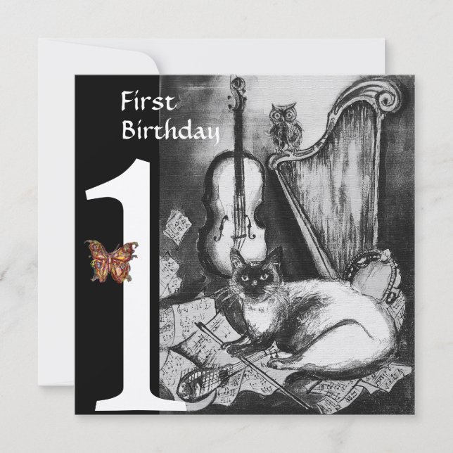 MUSICAL CAT First Birthday Party Black Silver Invitation (Front)