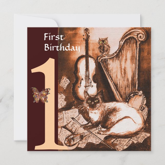 MUSICAL CAT First Birthday Party Brown and White Invitation (Front)