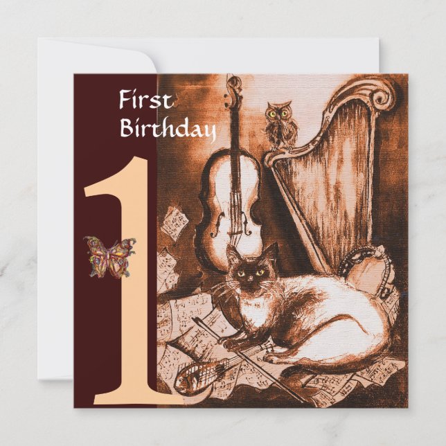 MUSICAL CAT First Birthday Party Brown Champagne Invitation (Front)