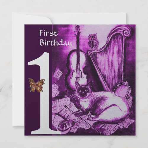 MUSICAL CAT First Birthday Party Purple Silver Invitation
