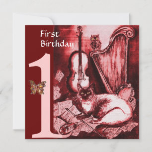 MUSICAL CAT First Birthday Party, Red and White Invitation