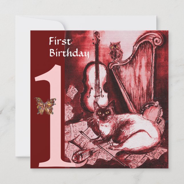 MUSICAL CAT First Birthday Party, Red Gold Invitation (Front)