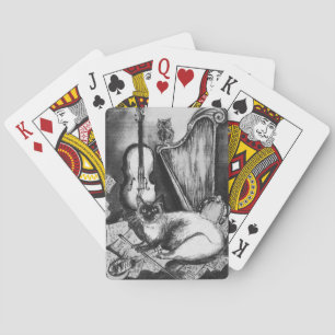MUSICAL CAT,OWL,VIOLIN AND HARP Black White Music Poker Cards