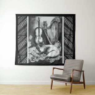 MUSICAL CAT,OWL,VIOLIN AND HARP Black White Music Tapestry